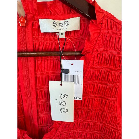 SEA NEW YORK NWT Scarlet Gaia Solid Cotton Long Sleeve Mini Dress Sz 12 Ruffles - Picture 3 of 14